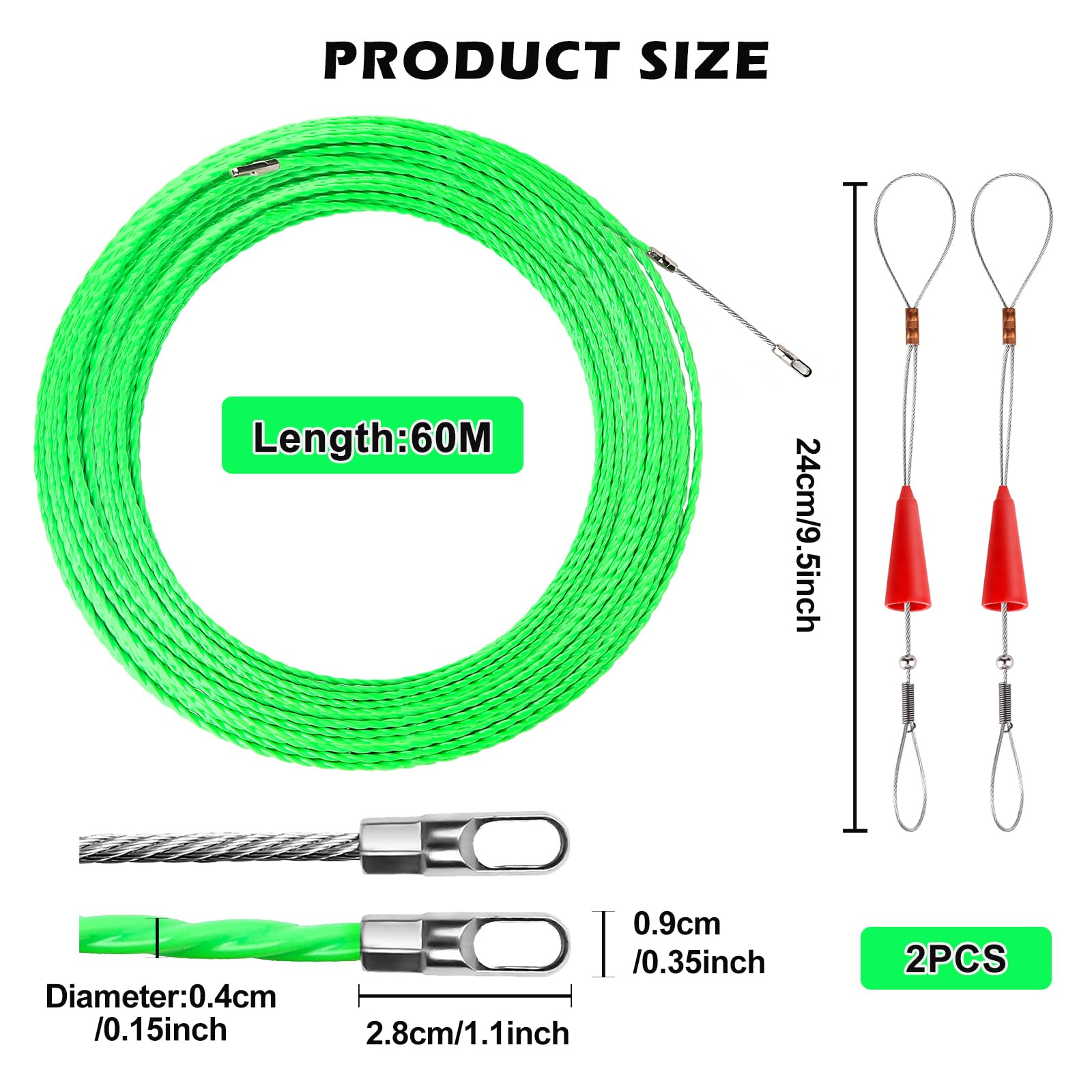 60M Aiguille Electricien, Tire Fils Electrique Aiguille Tire Fil avec 2 Ressorts de Guidage, Tire Cable Electrique Diamètre 4 mm pour Pose Conduit de Sol