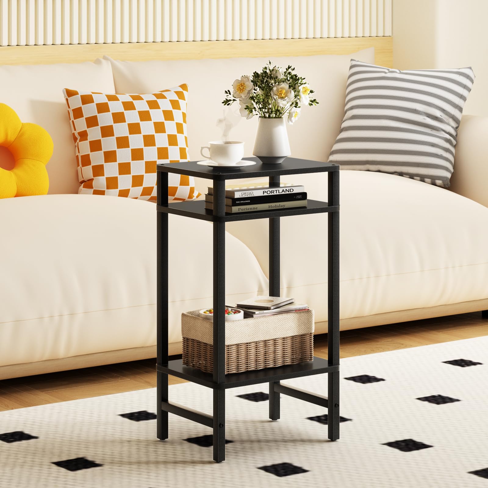 LELELINKY Bijzettafel met 3 niveaus, moderne telefoontafel, smal voor nauwe ruimtes, houten bijzettafel, met opbergruimte, 70 cm hoog, nachtkastje voor woonkamer, slaapkamer, kantoor, keuken (zwart