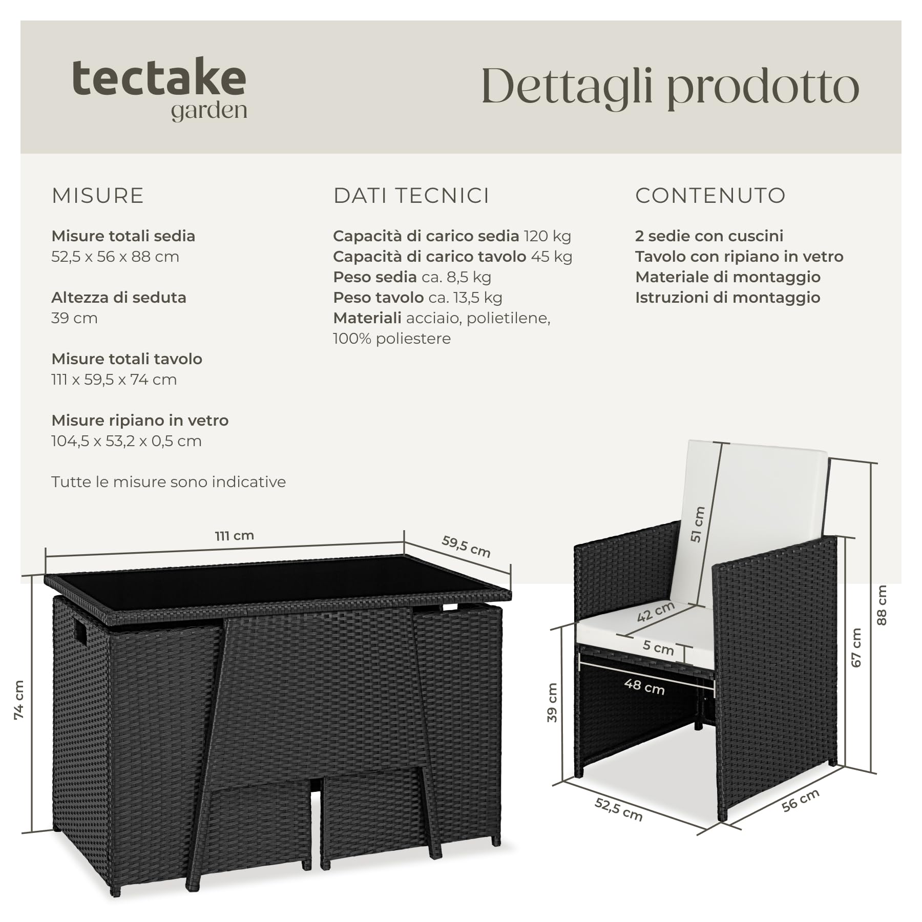 tectake Salottino Rattan Losanna Set da Giardino 2 Poltrone 1 Tavolo Acciaio Vetro Nero