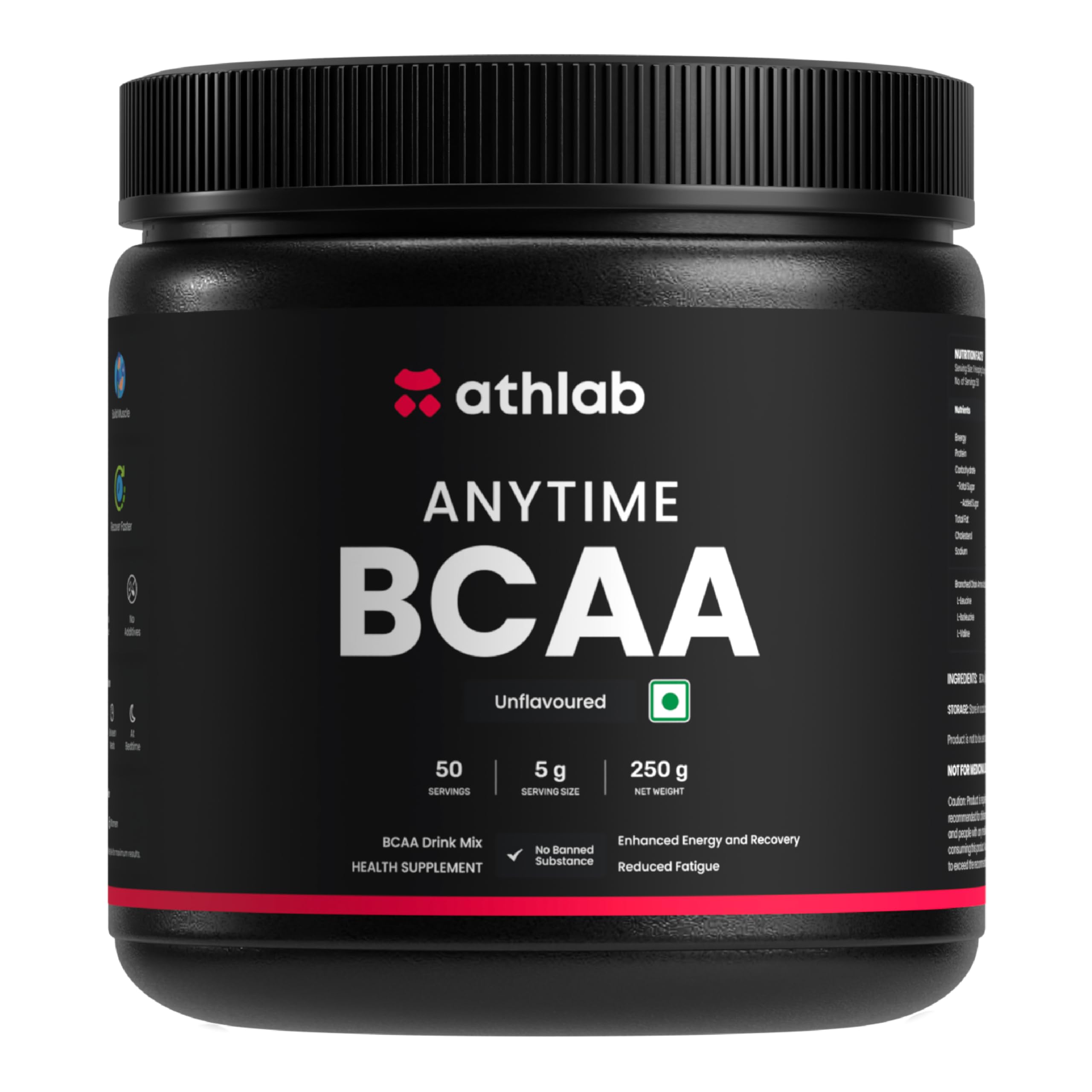 Athlab (by Nutrabay) Anytime BCAA 2:1:1 (INNOBIO® from USA), 5g Vegan BCAAs, Intra/Post Workout Amino Acid Supplement for Men & Women - 250g Unflavoured