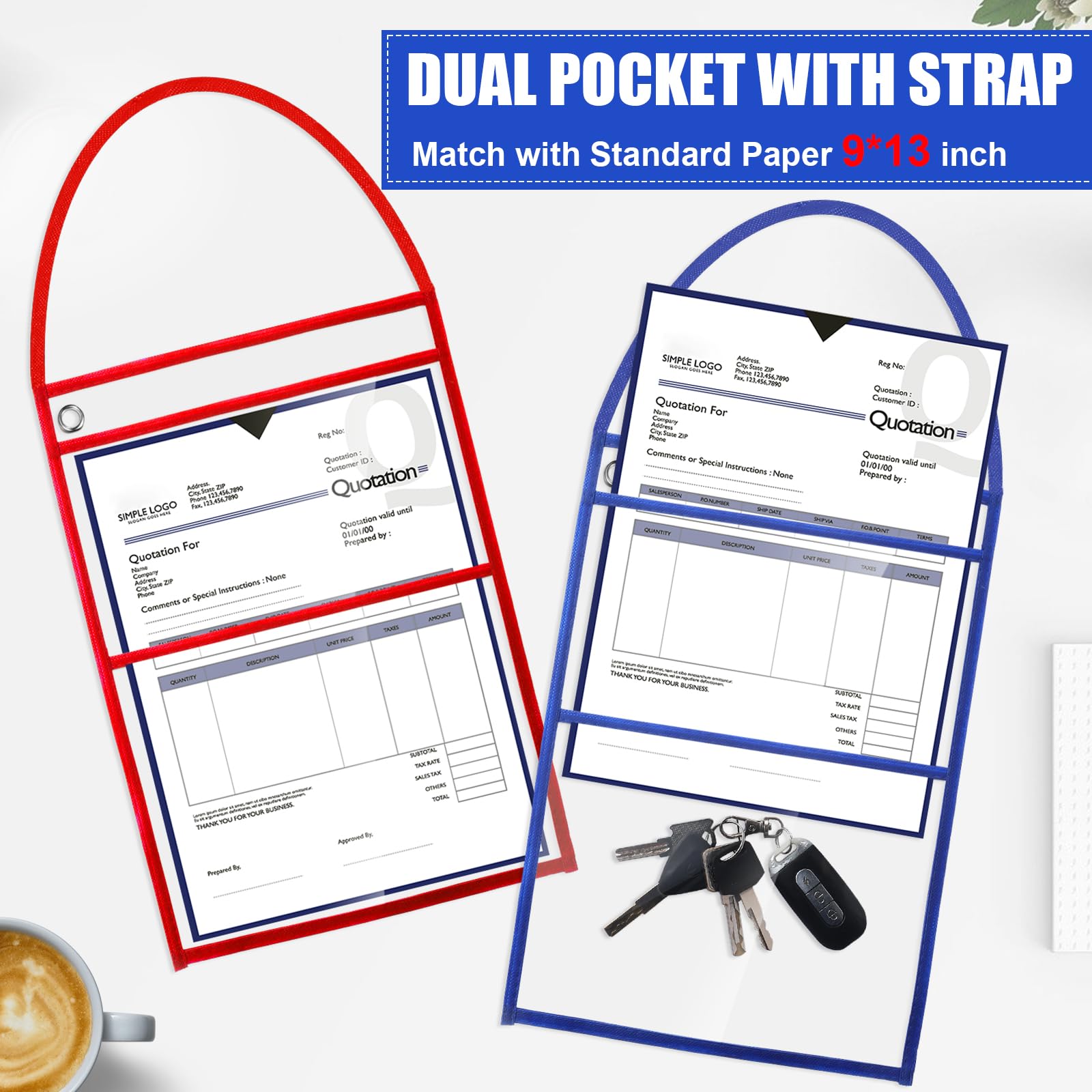 Epakh Paquete de 30 soportes para boletos de tienda de 9 x 12 pulgadas, fundas de plástico para boletos de trabajo, fundas de borrado en seco con correa para colgar, ambos lados transparentes (rojo