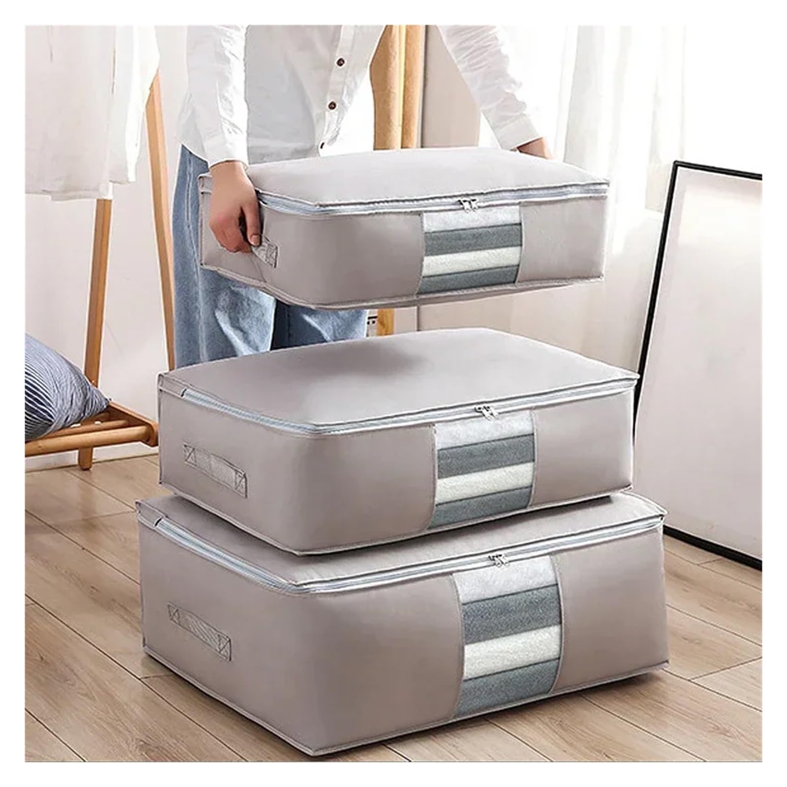 Caja Bajo Cama Bolsa Plegable for Guardar Ropa, Organizador de Ropa no Tejida, Organizador de Armario, Almohada, edredón, Manta, Bolsa, Organizador for el hogar(Beige,3pcs S M L)