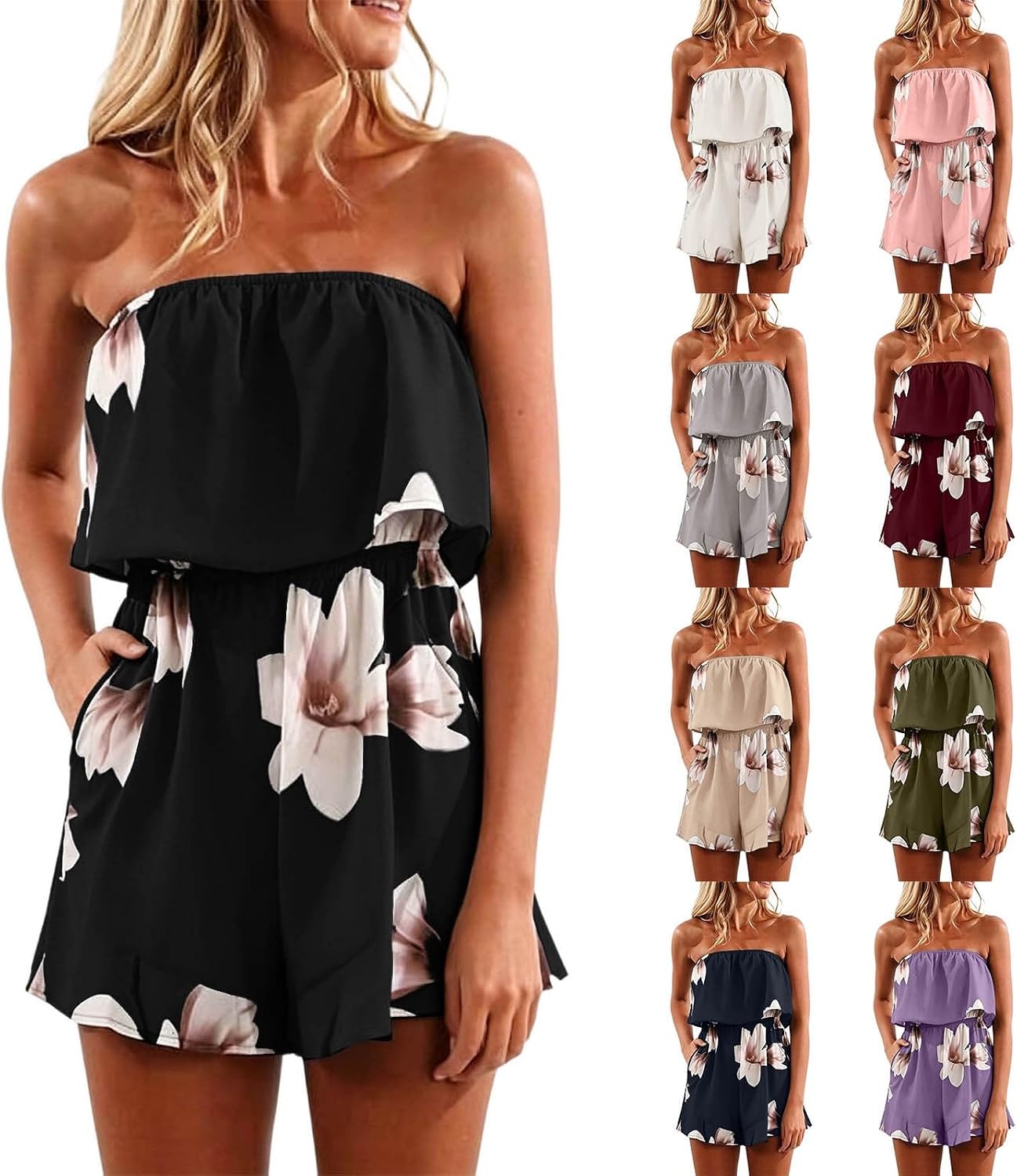 Womens Off Shoulder Romper 2026 Floral Summer Strapless Short Jumpsuit Elastic Waist Casual Beach Romper with Pockets