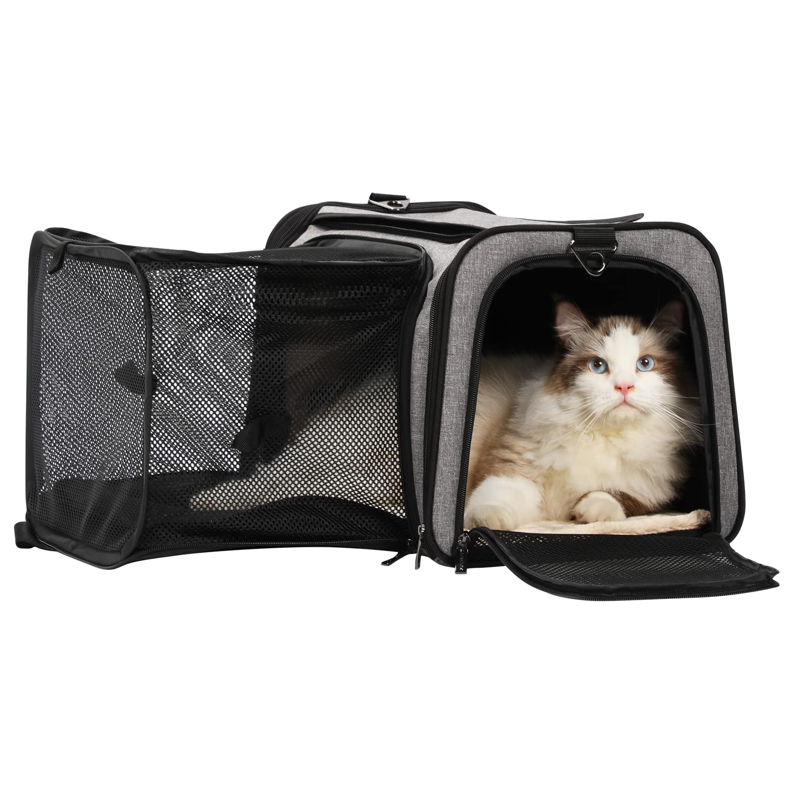 Petsfit19"X12" X12" Expandable Cat Dog Carrier for Small and Medium Cat Or Puppy Up to 18 Pounds, Square Extension Add More Space, Washable Soft Pet Carrier for Home Outdoor Travel, Gray