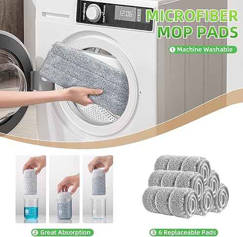 Miniatura 7 de Juego de trapeador y cubo con escurridor para el hogar, trapeador plano de 360 con mango largo y 6 paños de microfibra para limpieza de suelos