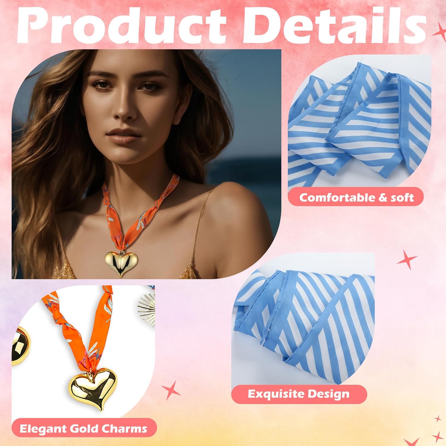 Liitrsh 5 Pcs Silk Scarf Necklace with Charms Bandana Charm Necklace with Pendant Choker Jewelry for Women Teacher Lady Valentines Birthday Mothers Day Gift - Image 3