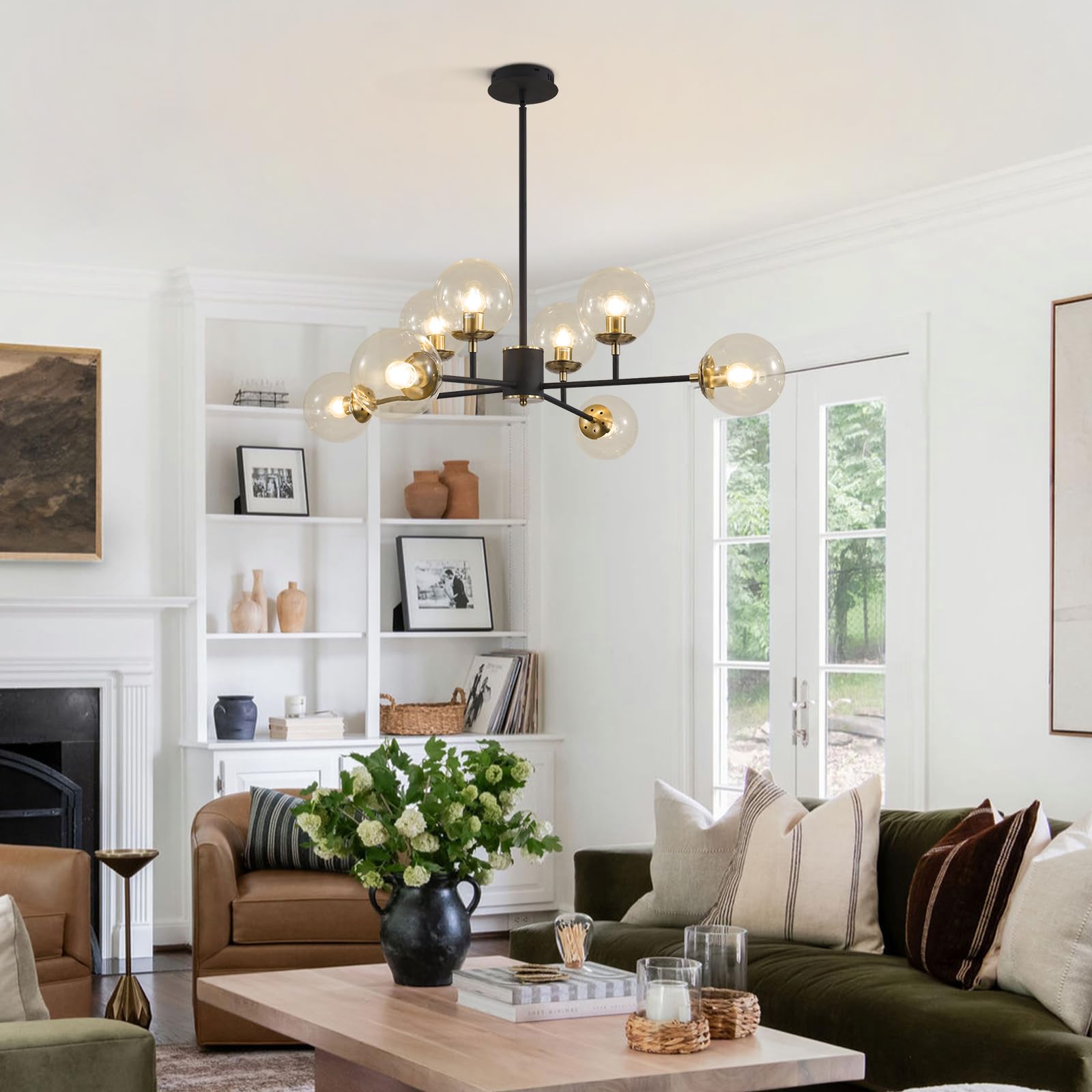 KCO Lampadario Sputnik Nero a 8 Luci per Soggiorno, Lampadario con Sfere di Vetro Ambra per Camera da Letto e Sala da Pranzo, Diametro 90 cm, Altezza Regolabile, Attacco E27