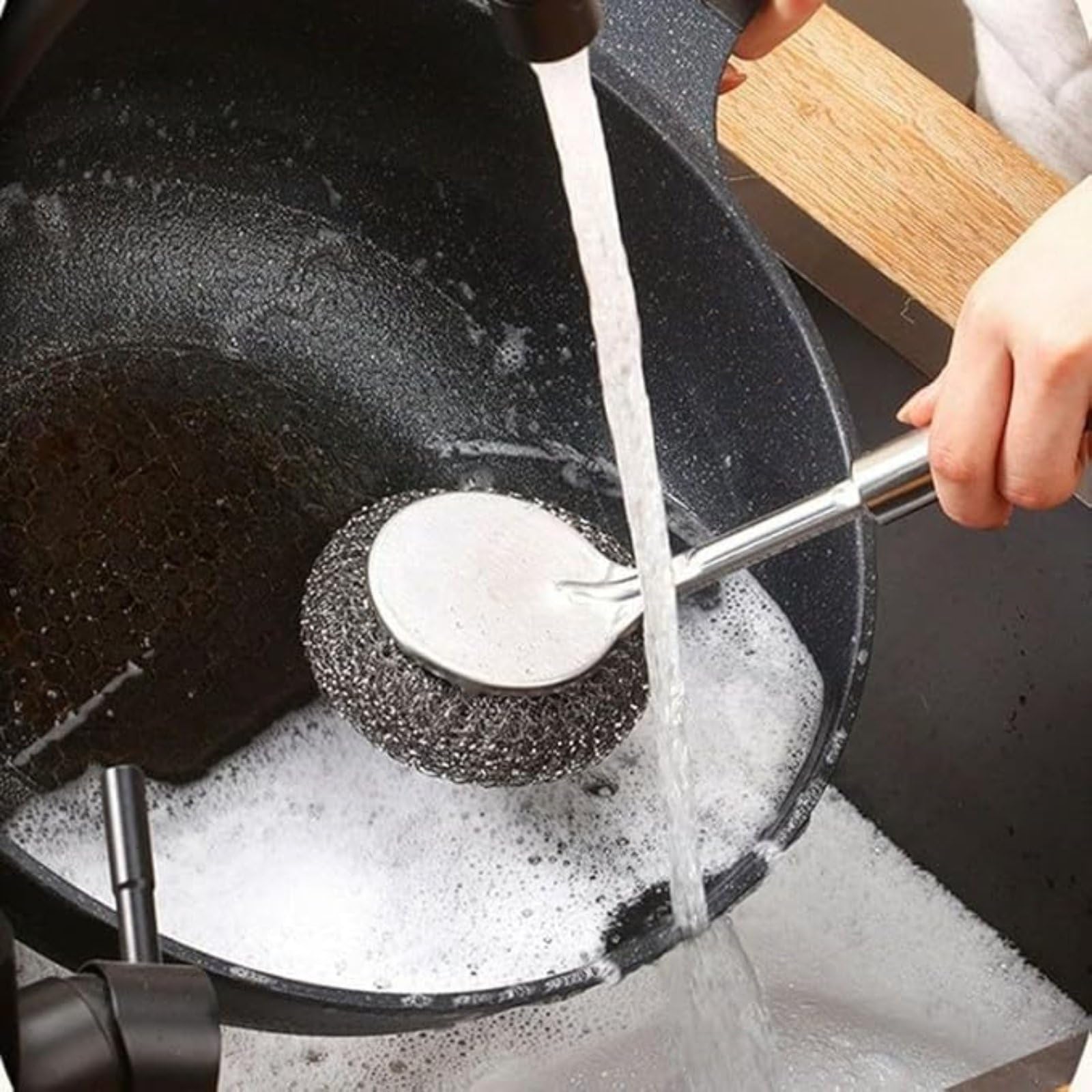 OXSAM Dish Scrubber Brush, Stainless Steel Scrubber with Long Wool Handle for Dishes Cookware Cleaning, Steel Sponge Ball Brush for Home and Office Tiles 2