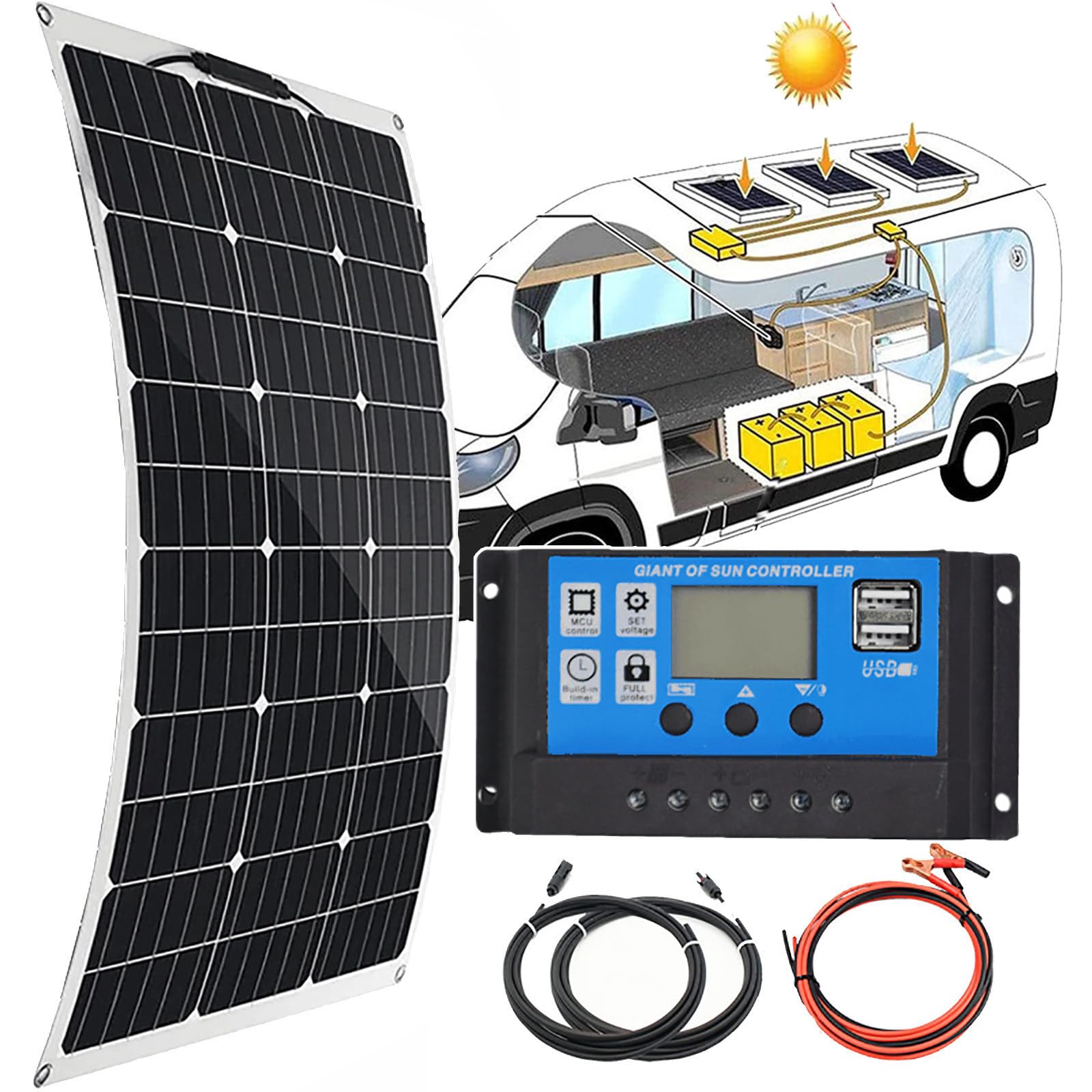 SNBGRYE Kit Pannello Solare 150W 300W 450W 600W, Pannello Solare Monocristallino, con Controller 40A, Caricabatteria Impermeabile 12V, per Tetto, Camper, Barca, Superfici Irregolari - 30°,150W