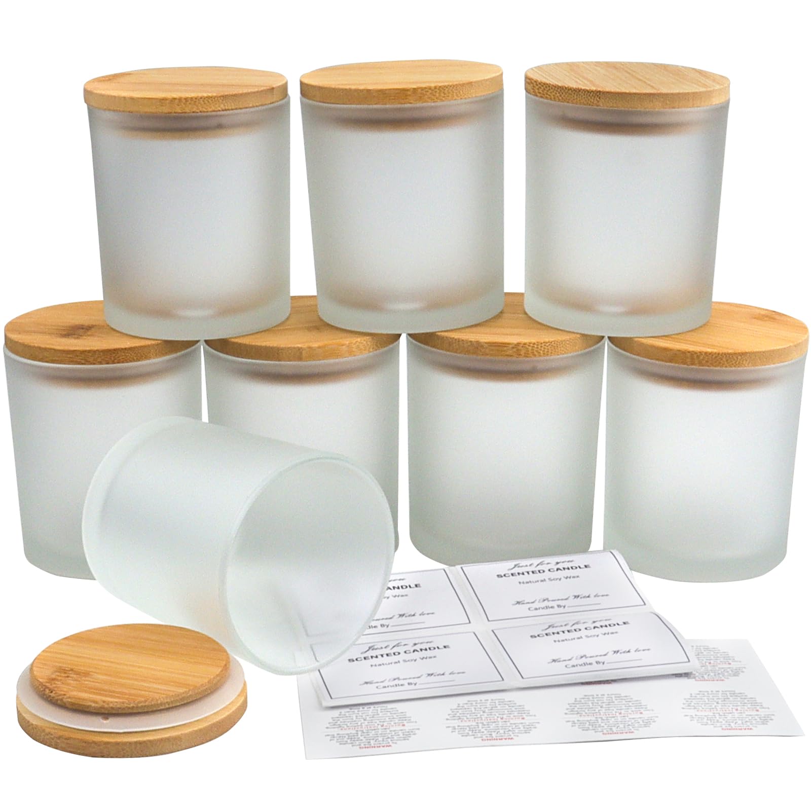 Roellgs 8 Pack 10 OZ Matte Candle Jars with Bamboo Lids, Thick Glass Empty Jars for Making Candles - Dishwasher Safe, in Bulk. (Matte White)