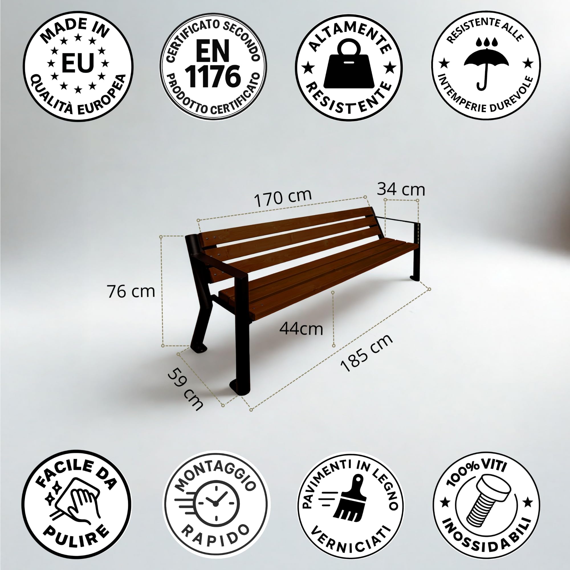 REKORD Panchina da Giardino 185 x 59 x 76 cm Panchina da Esterno in Legno e Metallo con Schienale Resistente alle Intemperie Panchina per Giardino Terrazzo Balcone o Parco GLADIATOR BIS – Palissandro