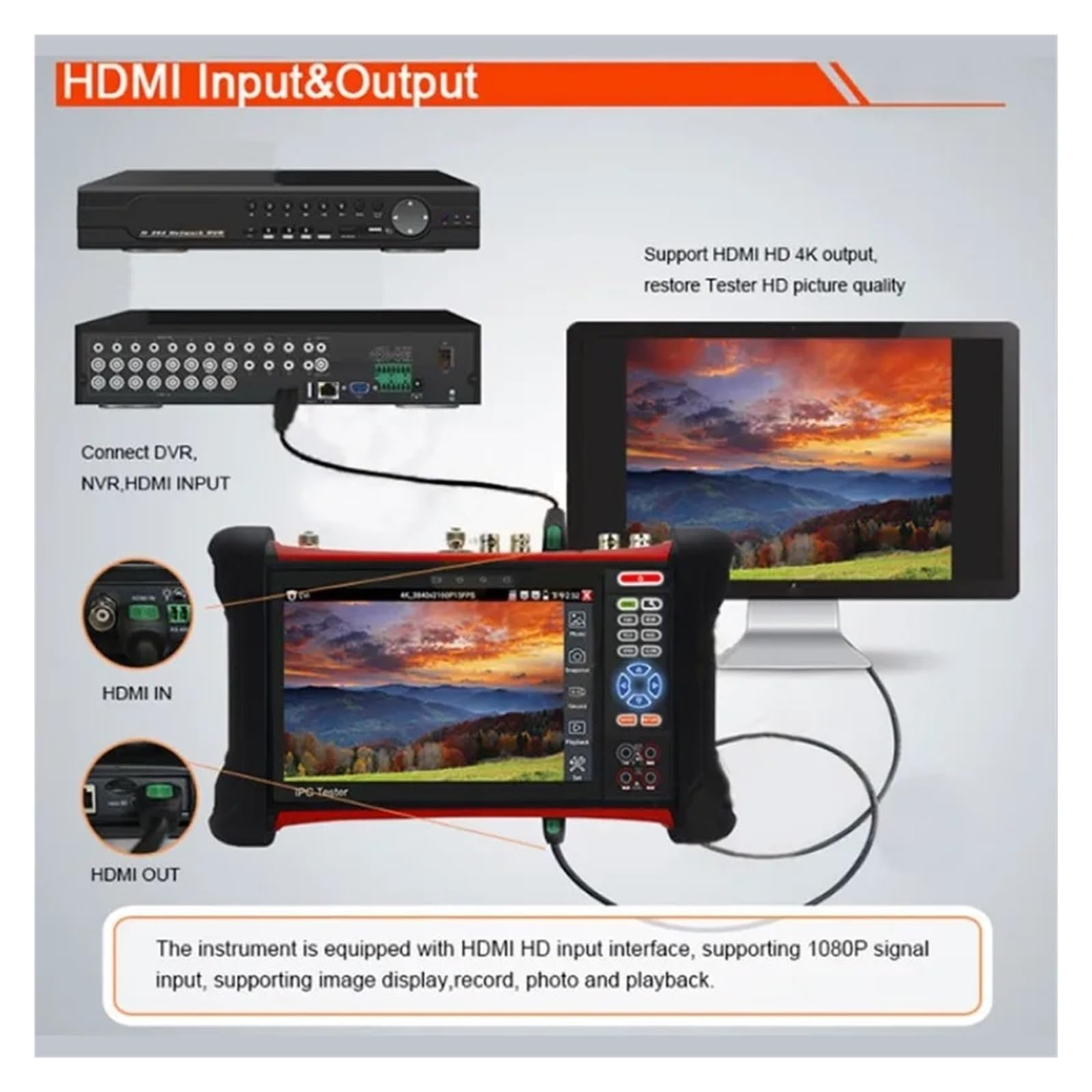 Tester IPC CCTV 4k Da 7 Pollici 8MP TVI CVI SDI CVBS IP AHD 6 IN 1 Tester For Telecamera Monitor Con Misuratore Di Potenza Ottica POE UTP TDR(TI-9697ADHS)