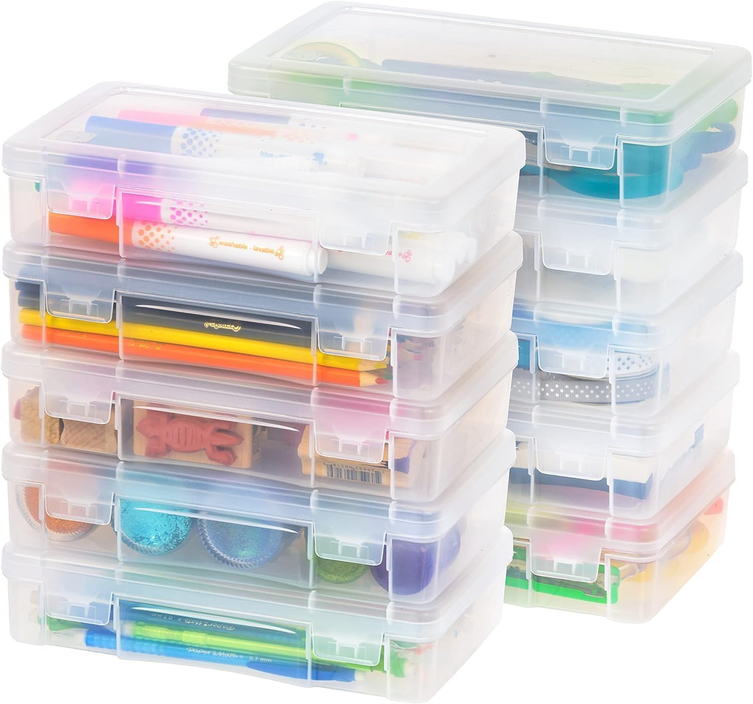 MCC-220 Plastic Storage Box for Office Supplies, 1.4 L, Set of 10, Transparent, Stackable, Snap Closure, for Stationery, Documents, Pens, Small Tools, BPA Free, Organiser