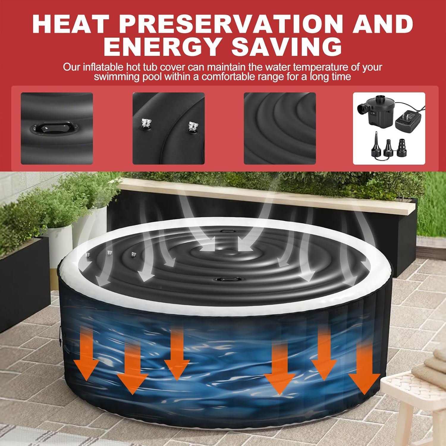 Upgraded 4-6FT Inflatable Hot Tub Cover Round, with Air Pump, with Handle, Three Sizes of Inflatable Separate Chambers, Energy Saving and Rain Protection Overflow Cover for Outdoor Hot Tubs
