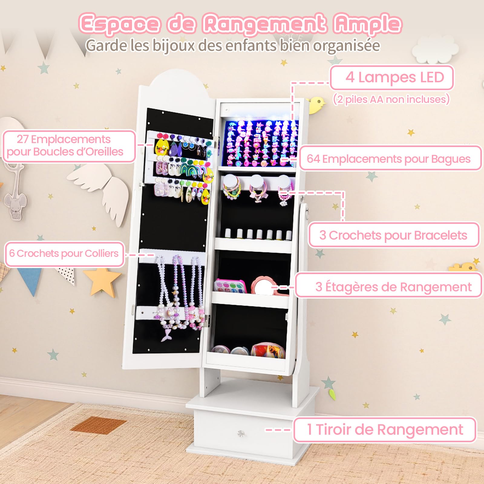 COSTWAY Armoire à Bijoux Enfant avec Miroir Éclairé et Tiroir, Organisateur de Bijoux en Forme Nuage avec Dispositif Anti-basculement, 2 Angles d'Inclinaison, Miroir Pleine Longueur, 3 Ans+ (Blanc)