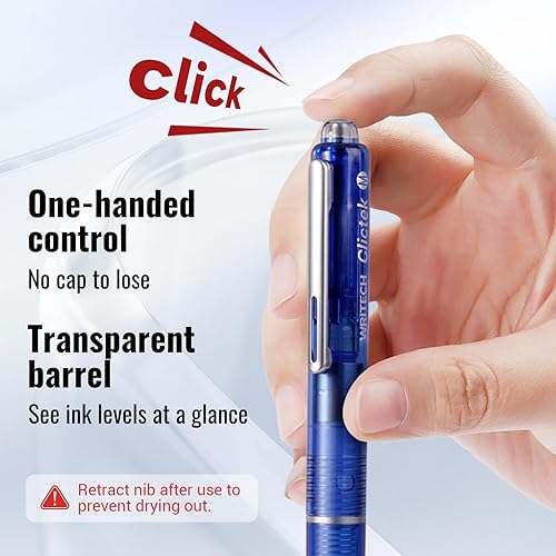 Miniatura 4 de WRITECH Clictek - Pluma estilográfica retráctil tinta azul de punta media, barril transparente, juego de regalo incluye 5 cartuchos de tinta para