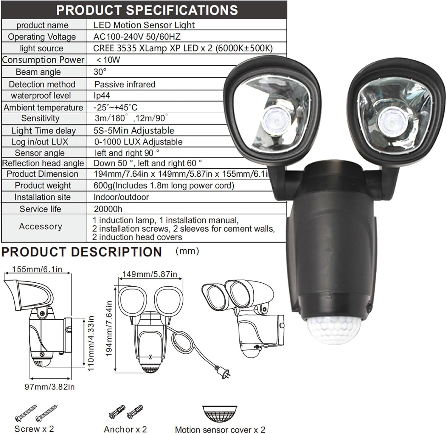 Dual-Head LED Motion Sensor Security Light, Black, IP44 Waterproof, Indoor/Outdoor, 6000K, Adjustable 180° Detection Angle, Distance 0-39 ft, 1.8m Cord