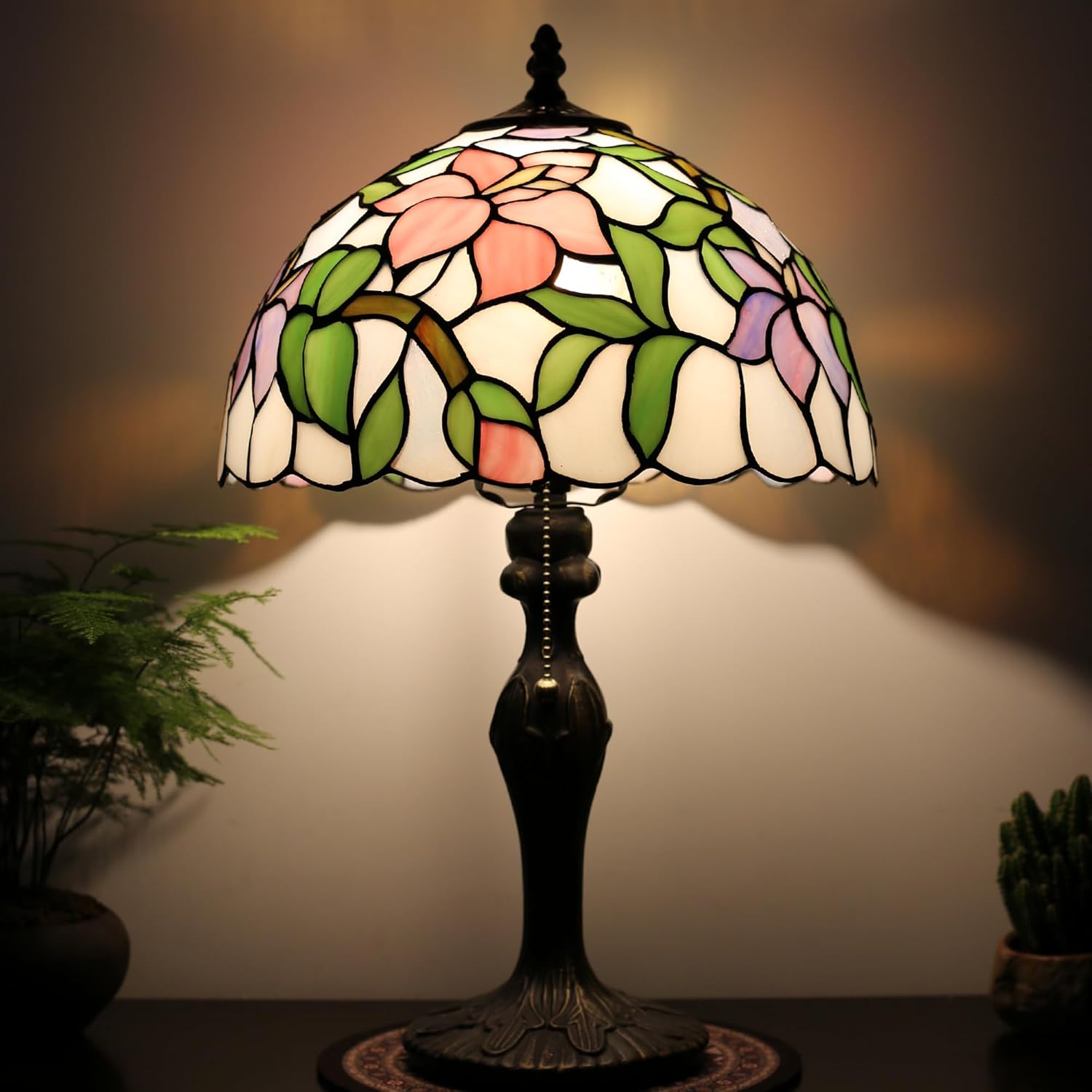 Tiffany Lamp Stained Glass Table Lamp Bedside Reading Lamp 12 x 19” Pink Flower Style Decorative Lamp for Desk Study Living Room Bedroom Office Decor Gift