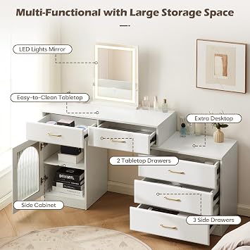 TUKAILAi White Dressing Table with LED Light Mirror, 5 Drawers
