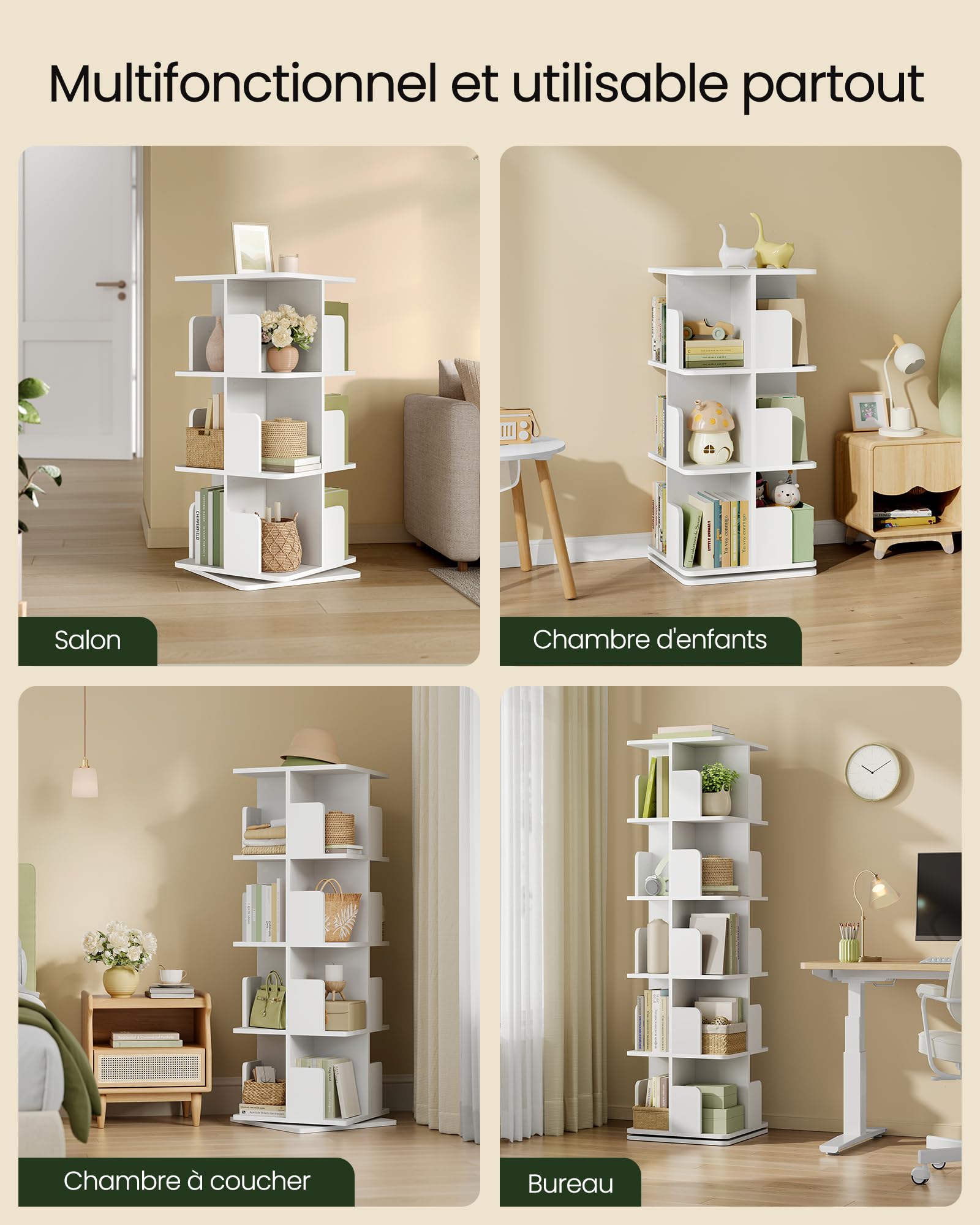 EUGAD Obrotowy regał na książki 5 poziomów 360° 40 x 155 x 40 cm biały