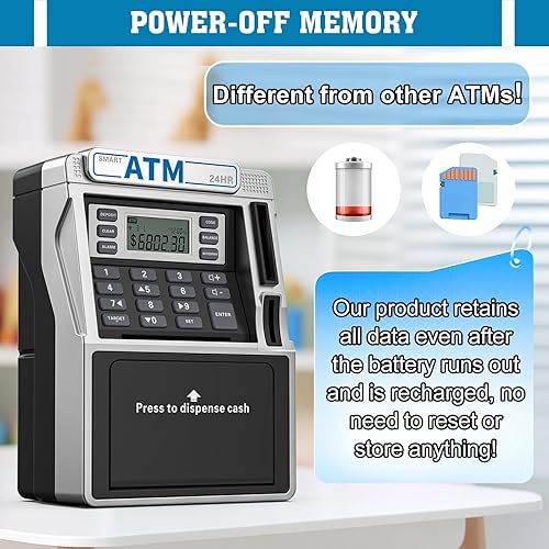 Miniatura 5 de Alcancía de cajero automático para niños, recargable, memoria de apagado para dinero real, segura con tarjeta de débito, reconocimiento de monedas,