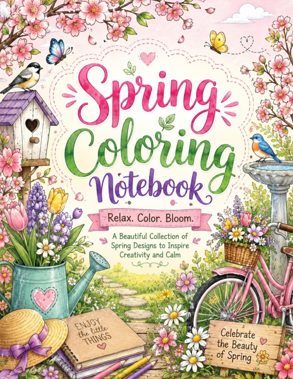 Spring Coloring Notebook For Kids And Adults: Simple Spring-Themed Coloring Pages with Flowers, Butterflies, Gardens, and Cute Nature Scenes