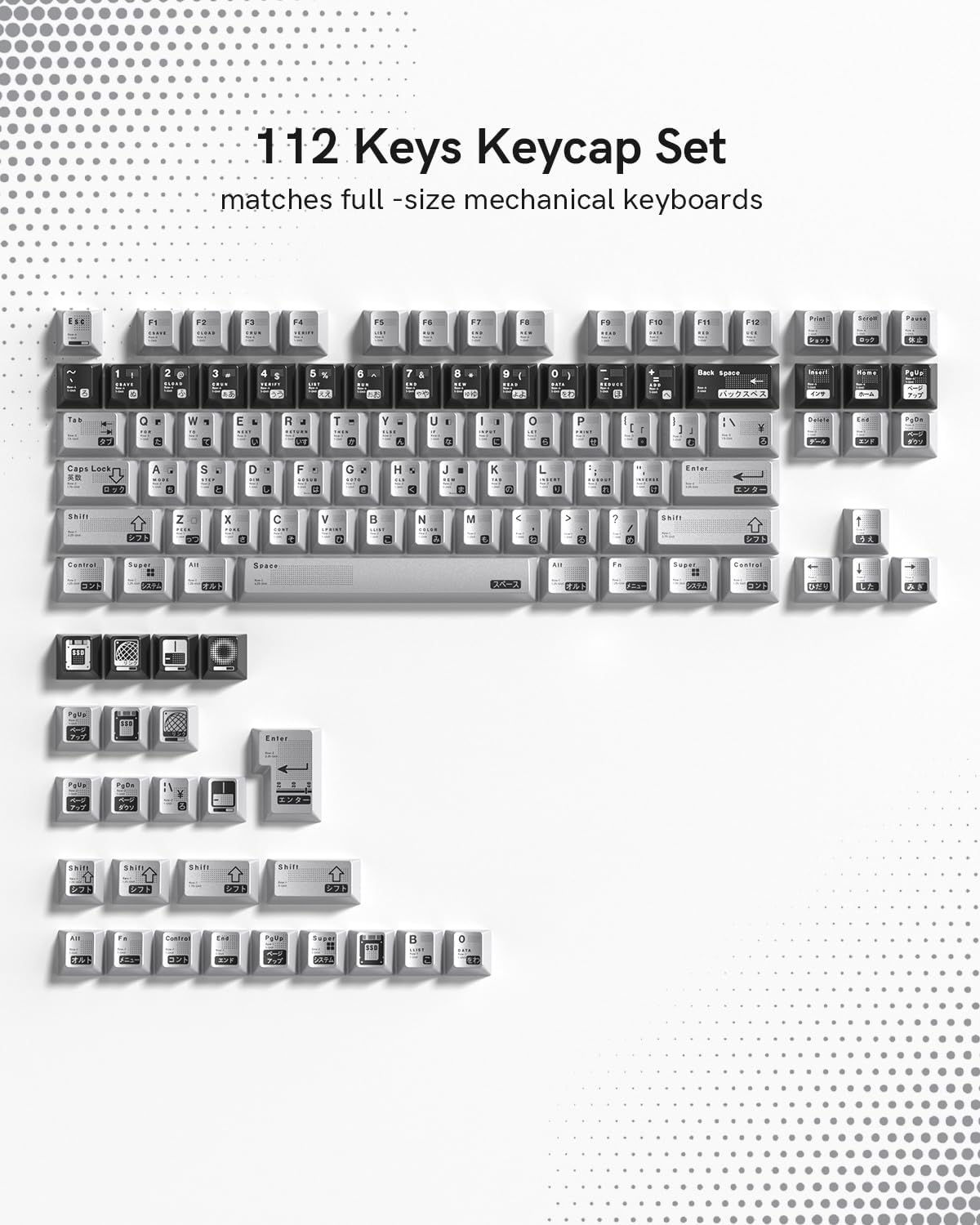PBT Keycaps with Metal Paint, Janese Style 112-Key Black/Silver Custom Keycap Set dye Sublimation,Cherry Profile Key caps for 61/64/66/68/75/84/87 MX Switches Mechanical Keyboards
