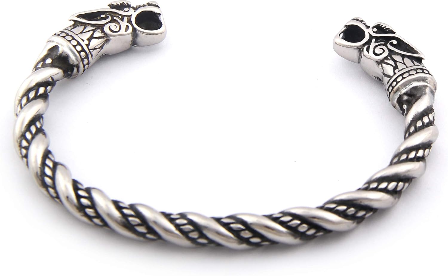 BAVIPOWER Handcrafted Wolf Heads Bangle Adjustable Stainless Steel Norse Scandinavian Bracelet Authentic Viking Jewelry