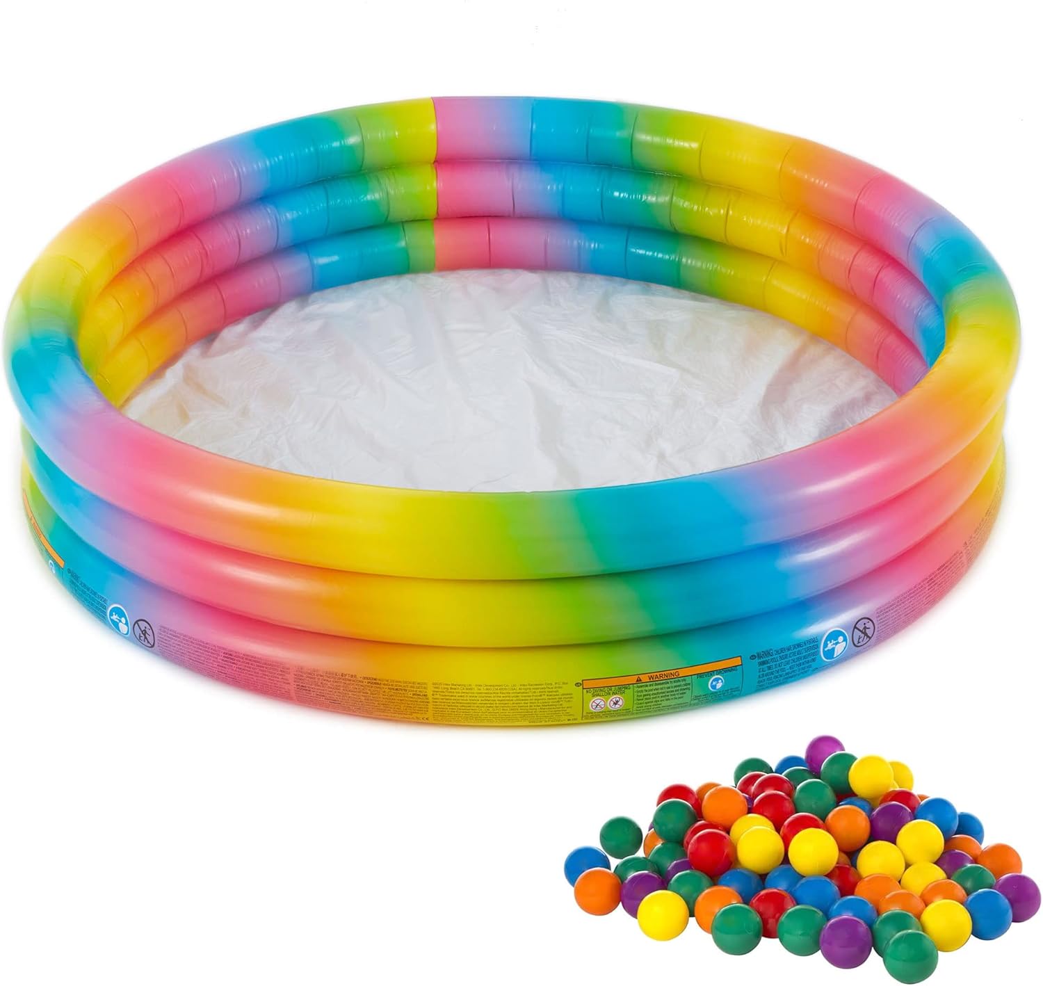 Intex 58449EP Rainbow Ombre 3 Ring Round Inflatable Kids Outdoor Swimming Pool with Small Plastic Multi-Colored Fun Ballz for Ball Pit, 100 Pack