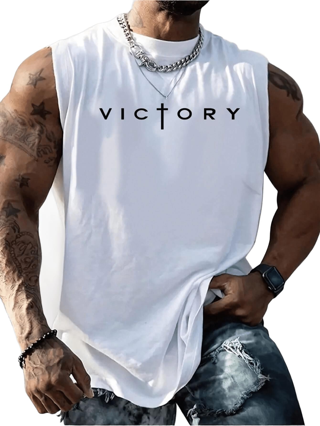 sxv style Men's Sleeveless Tank Top with 'Victory Flag' Text Printed-picture-30