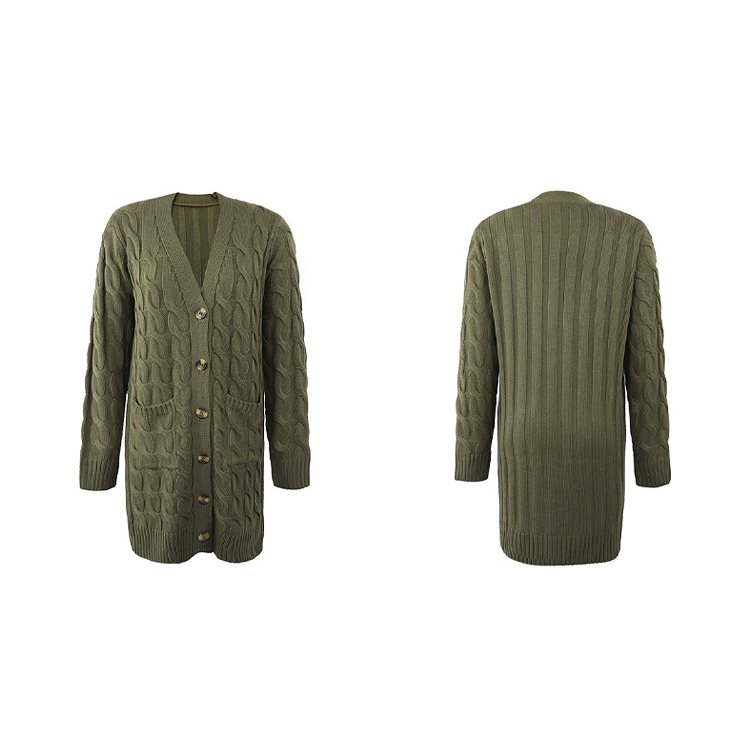 kinstell Damen-Strickjacke mit Knöpfen, langärmelig, dick, geflochten, lang, für Freund, Opa, Braun