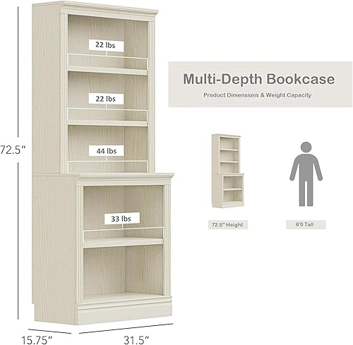 Miniatura 3 de JAHRSTIM Halston Multi-Depth Bookcase, Adjustable Storage Open Display Shelving Unit for Home and Office Space, 31.5”L x 15.75”W x 72.8”H, Cream