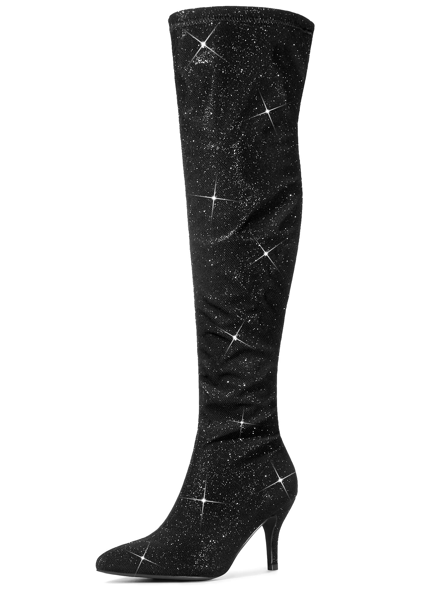 Allegra K Womens Glitter Pointed Toe Stiletto Heels Over the Knee High Boots