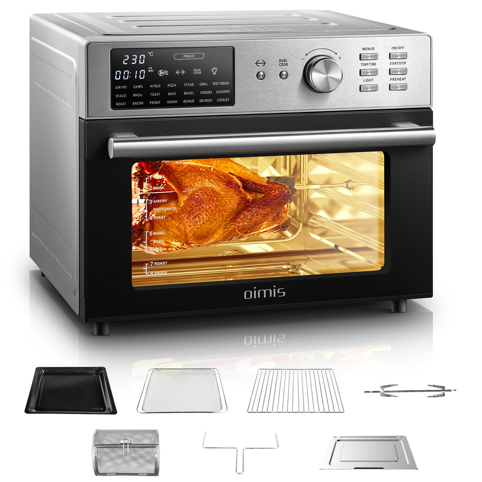 OIMIS Air Fryer Oven,30L X-Large Air Fryer Toaster Oven Stainless Steel Air Fryer Rotisserie Oven Combo 21 IN 1 Countertop Oven Dual Cook Patented Dual Air Duct System With 7 Accessories 1800W