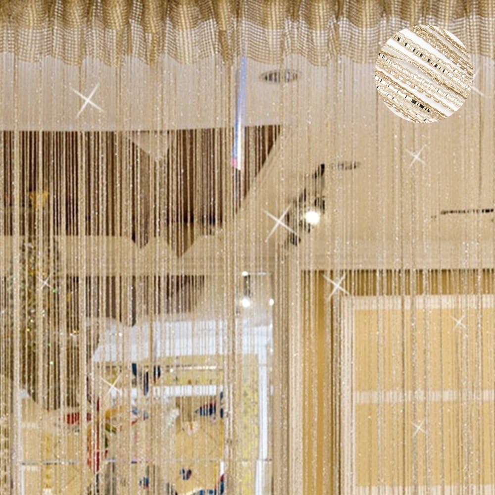String Curtains Panel Door Window String Curtain Beads Wall Tassle Panel Fringe Window Room Divider with Fly Screen (champage)