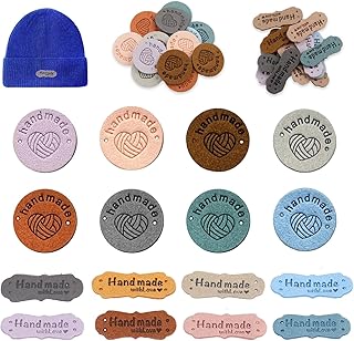 RYAN 80 Pièces Étiquettes en Cuir SuéDé Faites à la Main Rectangulaires et Rondes Etiquette a Coudre Etiquette Fait Main en Francais pour L'Artisanat Tricot Sacs à Main VêTements (8 Couleurs)