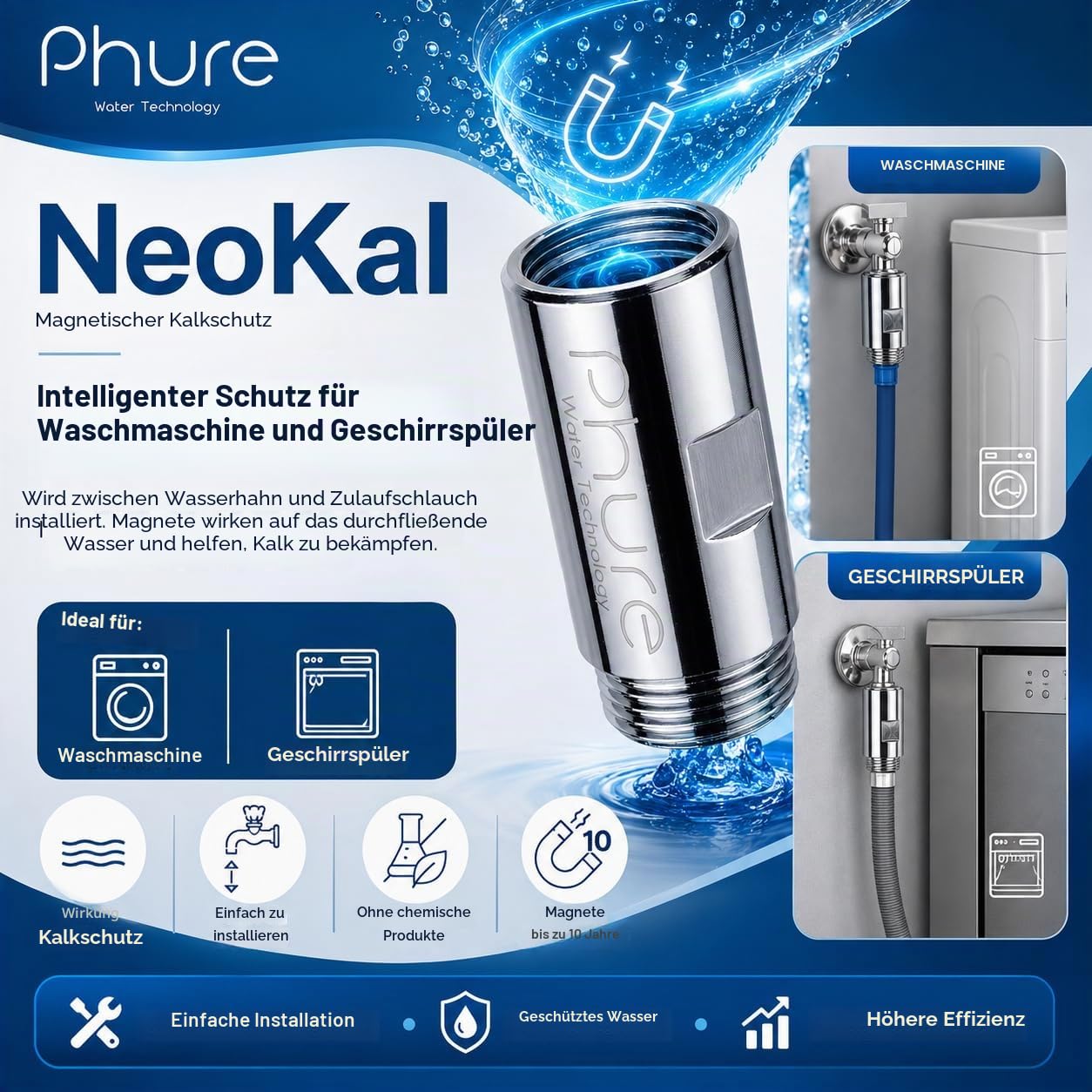 Phure Neokal Anti-Kalk-Gerät für Waschmaschine mit Sedimentfilter Kalkfilter für Waschmaschine und Spülmaschine, Universal 3/4 Zoll, kompatibel mit allen Marken