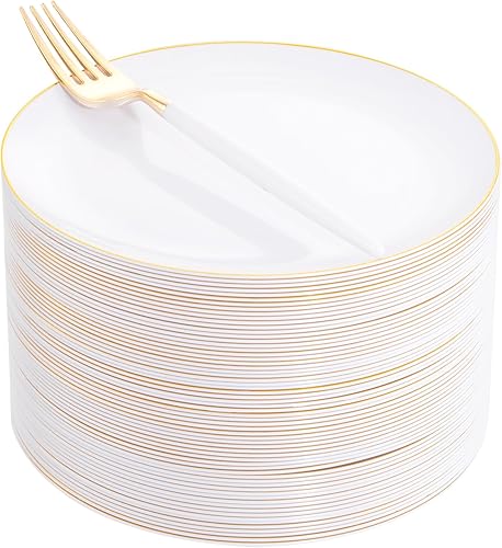 I00000 72 platos de postre de plástico blanco de 7.5 pulgadas con 72 tenedores desechables de 8.5 pulgadas, platos de postre blancos desechables,