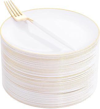 I00000 72PCS White Plastic Dessert Plates 7.5" with 72PCS Disposable Forks 8.5", Disposable White Dessert Plate, Fancy Salad Plates with Gold Rims Perfect for Wedding