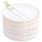 I00000 72PCS White Plastic Dessert Plates 7.5 with 72PCS Disposable Forks 8.5, Disposable White Dessert Plate, Fancy Salad Plates with Gold Rims Perfect for Wedding