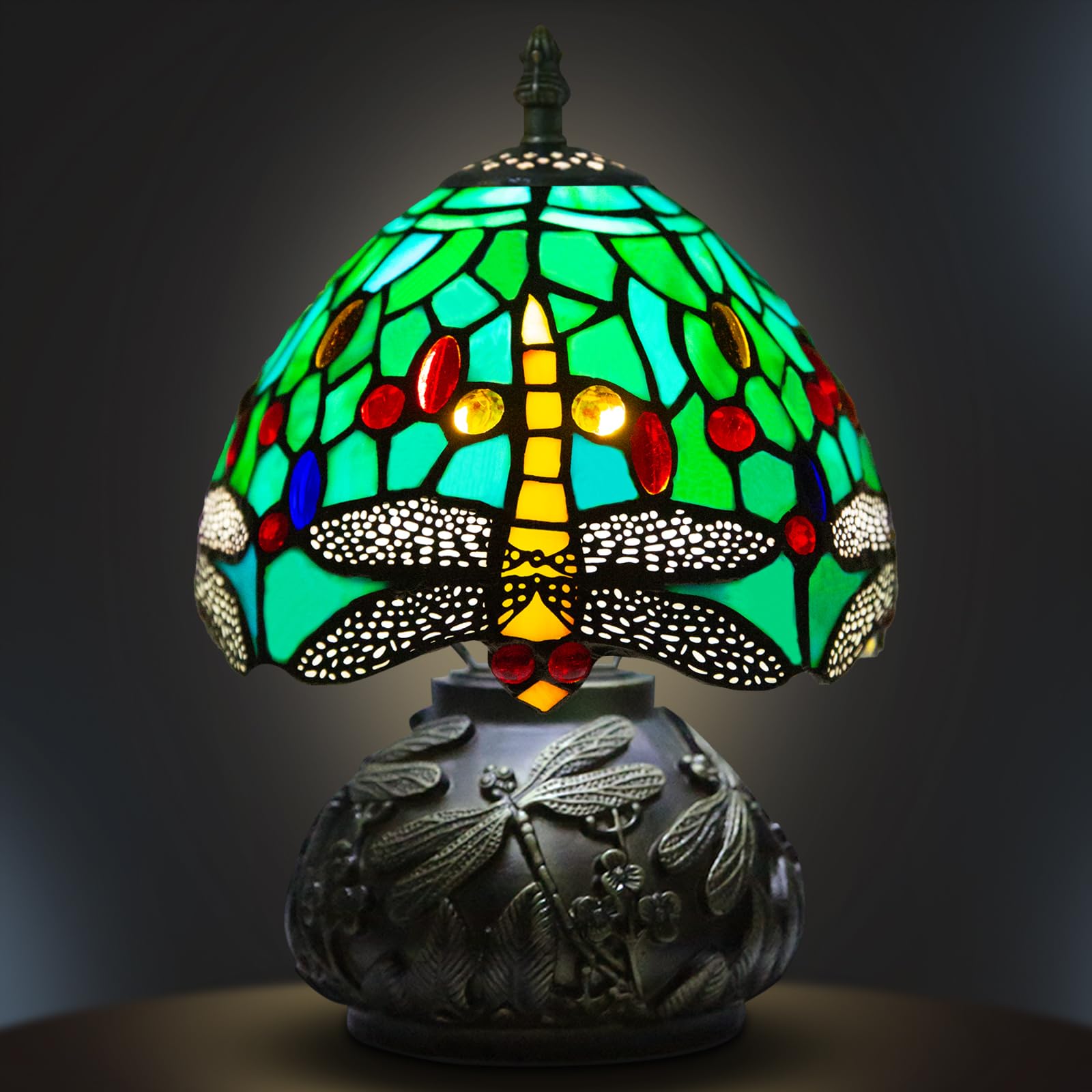 Ppbmocw Small Tiffany Lamp,Stained Glass Table Lamp for Living Room,Bedside,Reading,8 Inch Vintage Mini Mushroom Desk Light Included 3 Color Temperatures E27 Bulb (Green Dragonfly)