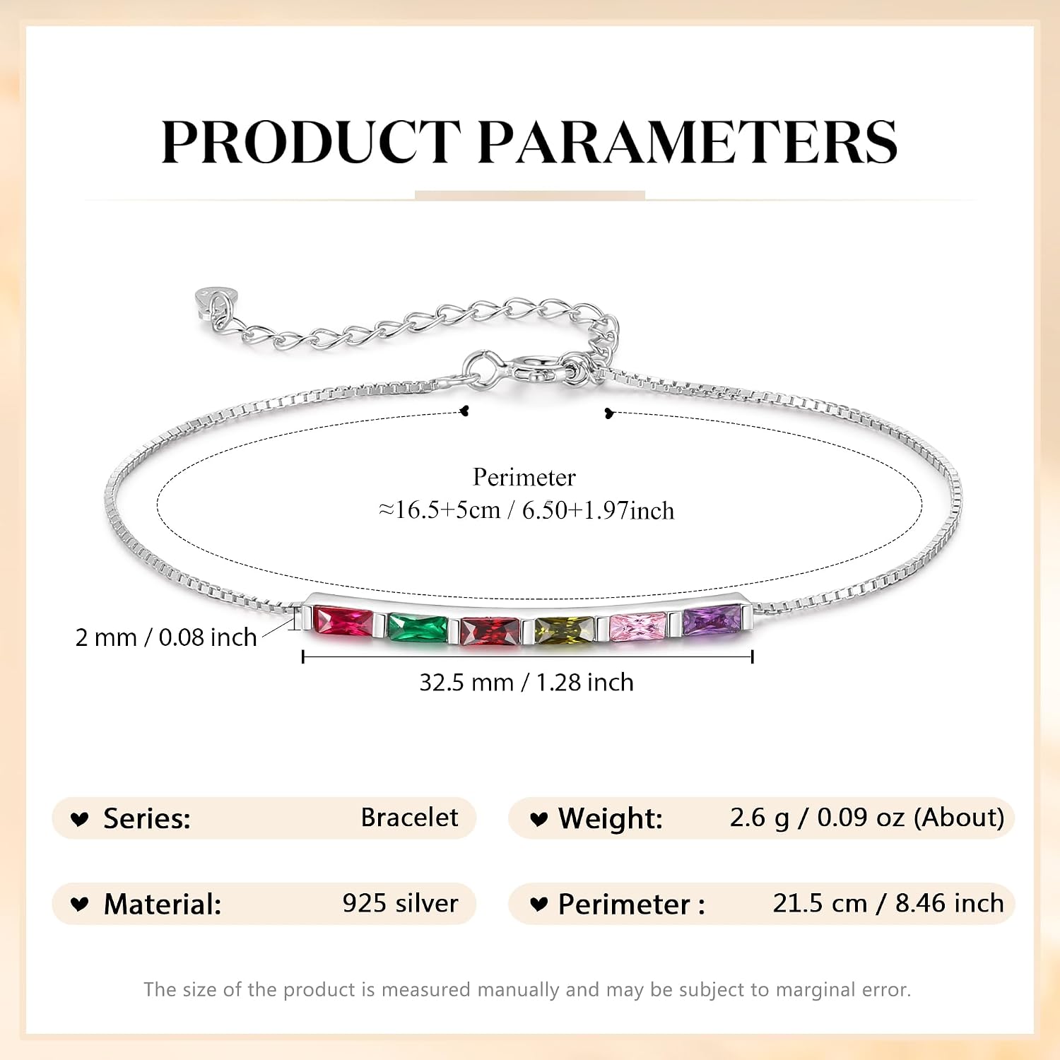 925 Sterling Silver Birthstone Bracelet for Women, Personalized Custom with 1~6 Baguette Birthstones, Dainty Link Chain Jewelry, Mother Daughter Bracelets Birthday Gifts for Mom Grandma Wife