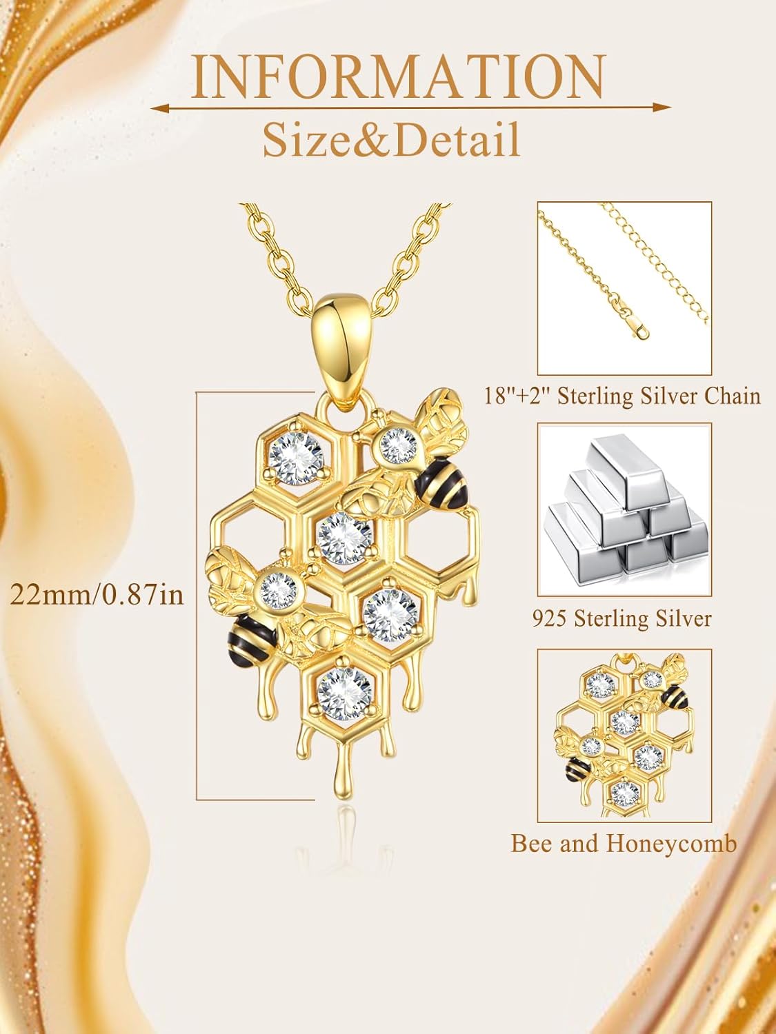 Bee Honeycomb Necklace for Women 14K Gold Plated Sterling Silver Bumble Bees Pendant Jewelry Gifts - Image 6
