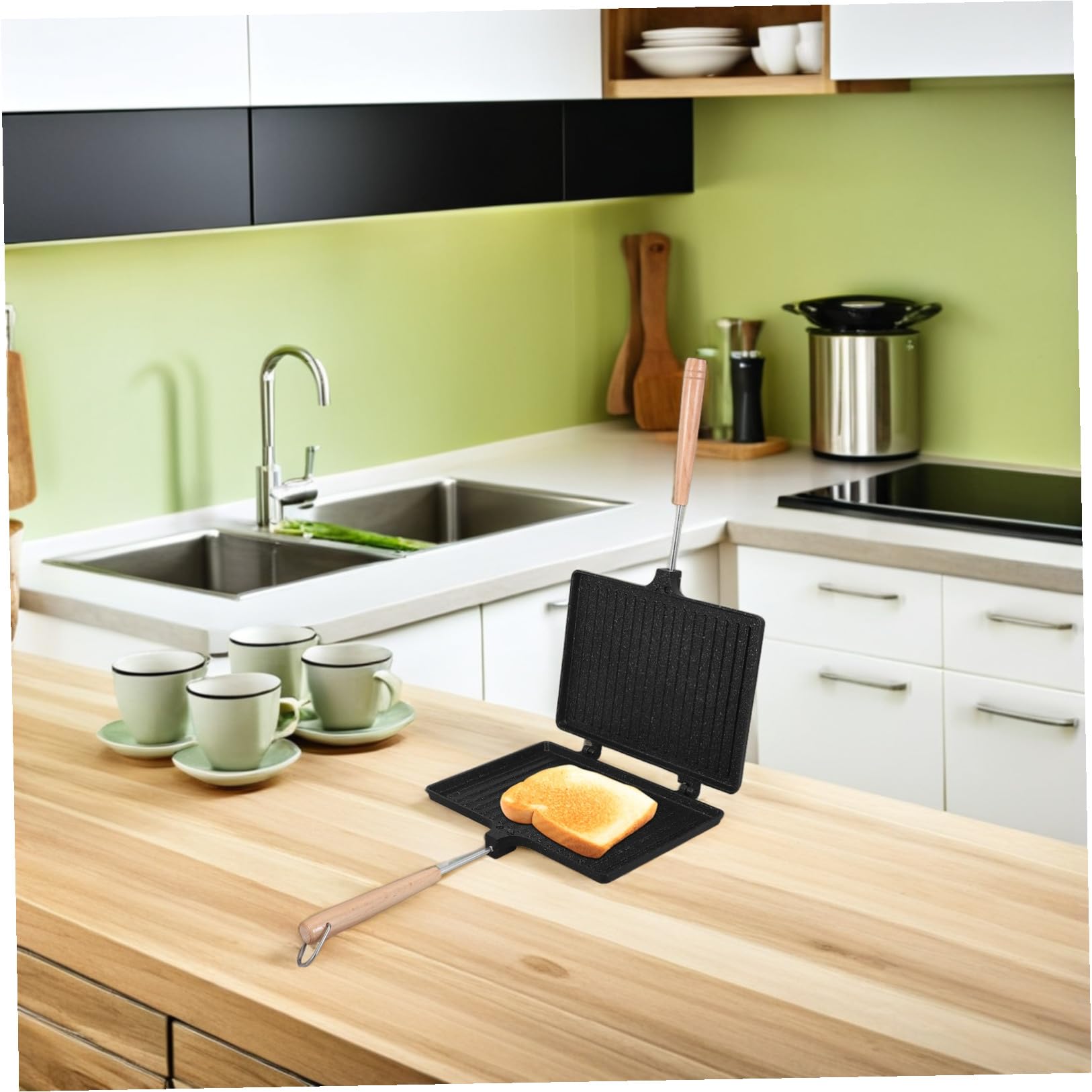 Sandwichera Plegable de Doble Cara Superficie Antiadherente y Aleación de Aluminio Ligera para Desayuno y Camping en Color Negro