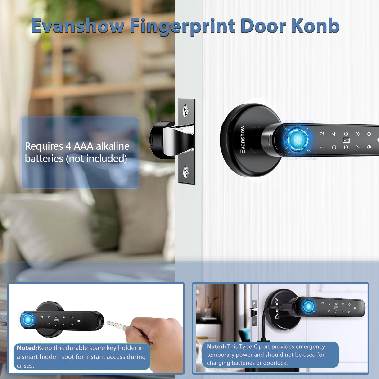 Evanshow Fingerprint Door Lock Biometric Door Knob with Keypad Keyless Entry, 5-in-1 Door Locks for Bedrooms(Fingerprint/App/Code/Key/IC Card), Home Hotel Office Apartment