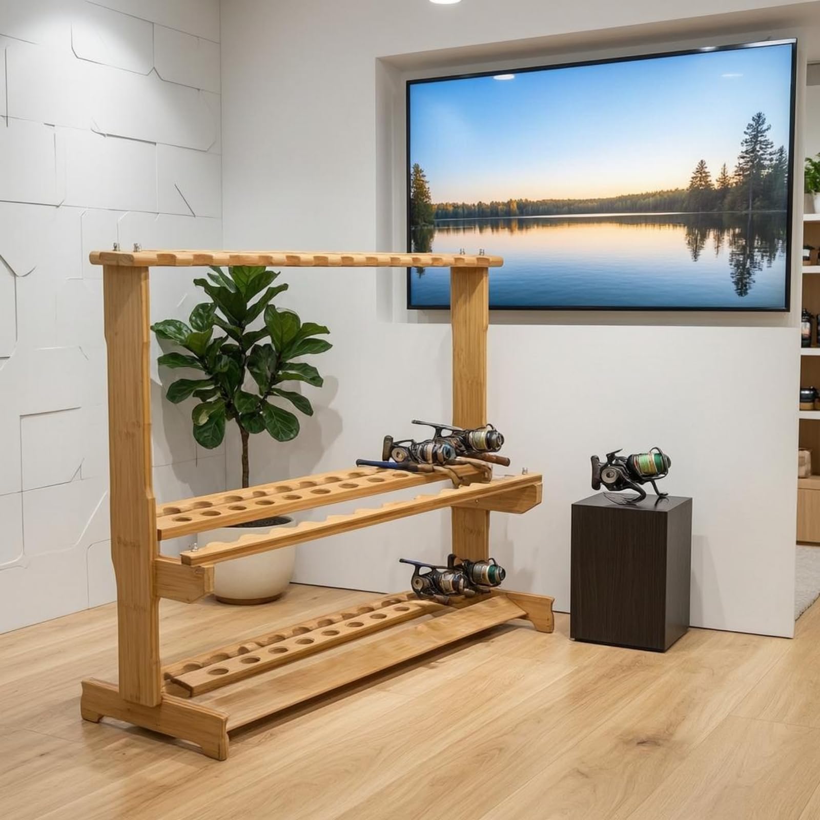 Expositor Cañas Pescar Independiente Portacañas Bambú Rectangular Organizador Vertical Cañas para Tienda, Soporte De Exhibición De Bambú Elevado Y Engrosado De 23 Ranuras