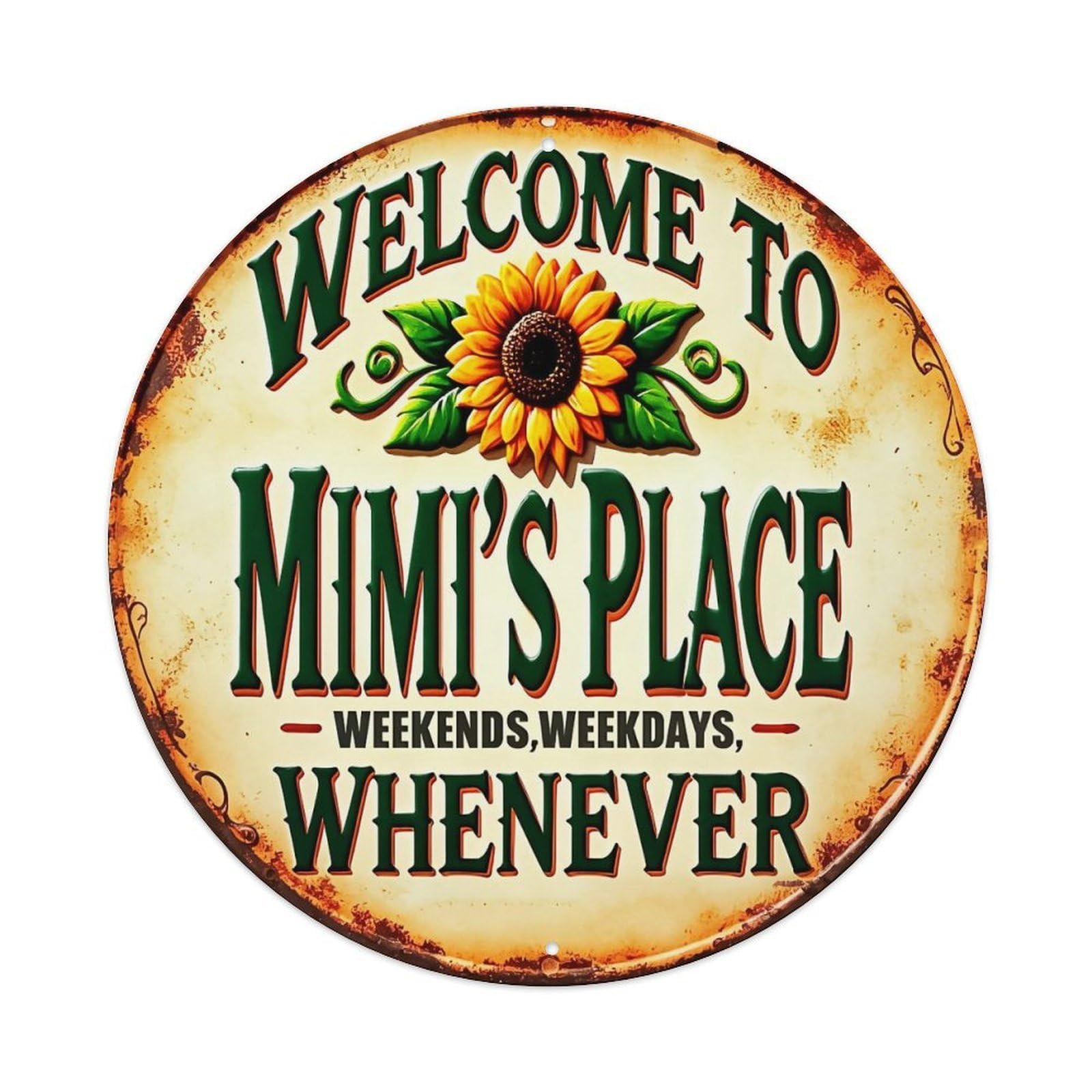 Welcome To Mimi's Place Sunflower Sign Round Tin Sign Vintage Metal Sign Home Bar Garden Indoor & Outdoor Wall Decor Retro Metal Poster 8x8 Inch