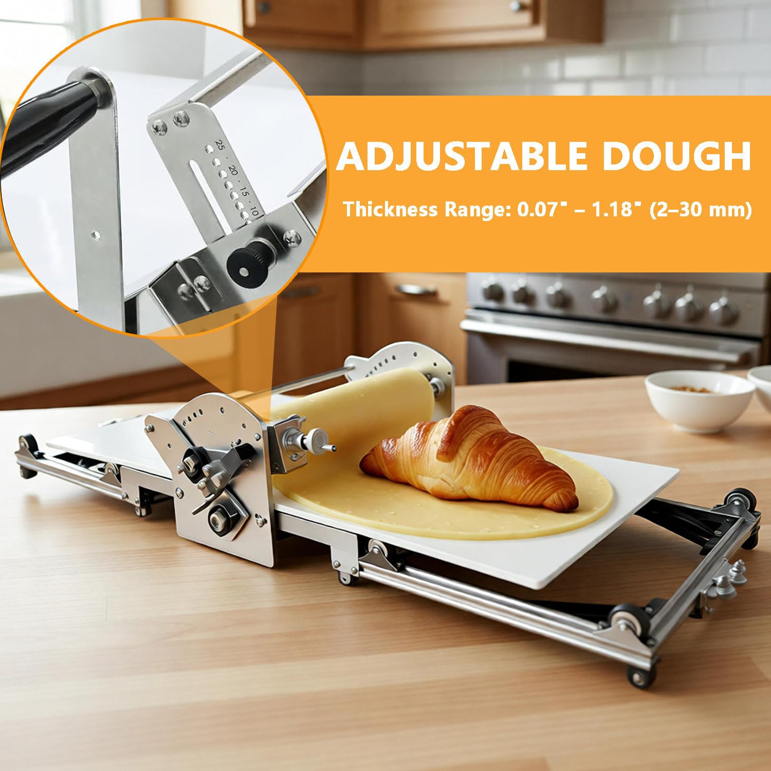 Laminadora de Masa eléctrica para hogar y pequeñas panaderías, máquina laminadora de Mesa 40", Espesor Ajustable, Rodillos con Giro inverso automático, Acero Inoxidable 304, Plegable