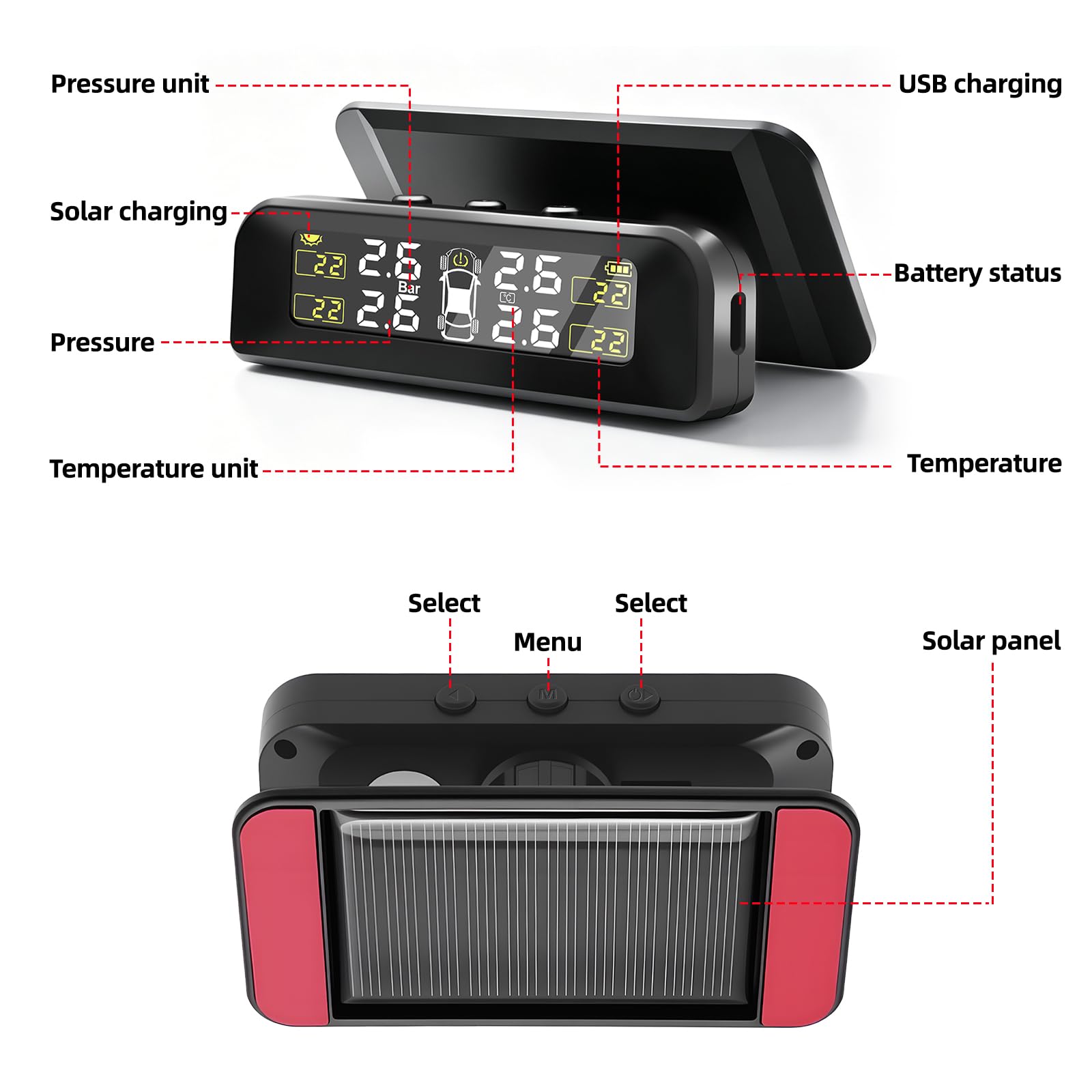 Reifendruckkontrollsystem TPMS RDKS Solar(0-3.5Bar) Wireless & USB Aufladung, 5 Alarmmodi(druck und temperatur), Externer Reifendrucksensor, Reifendruckwächter Ausrüstung für Autos, SUVs