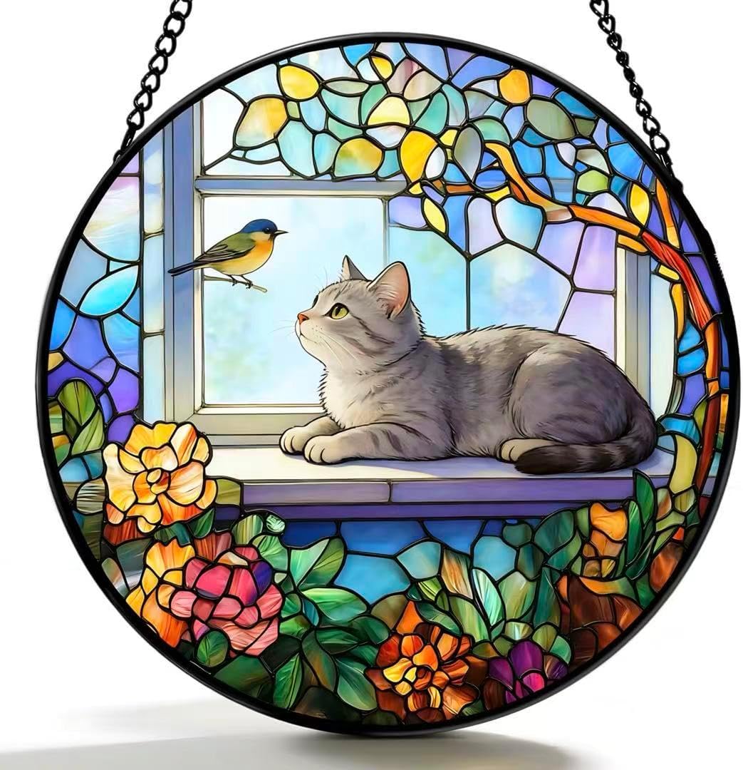 Cat Stained Glass Style Suncatcher Window Hanging, Cute Cat Decor with Bird & Flowers, Sun Catcher for Window, Gift for Cat Lovers, Home & Garden Decoration (Grey, Size: 15x15)